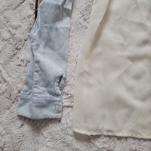 Dots Sheer Body Light Denim Cloth Studded Collar Accent Blouse Size S - Picture 3 of 11